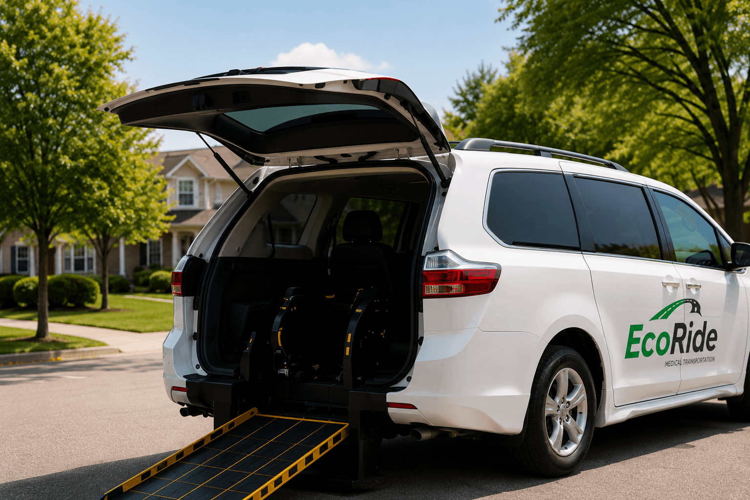 Wheelchair-accessible EcoRide van with deployed ramp