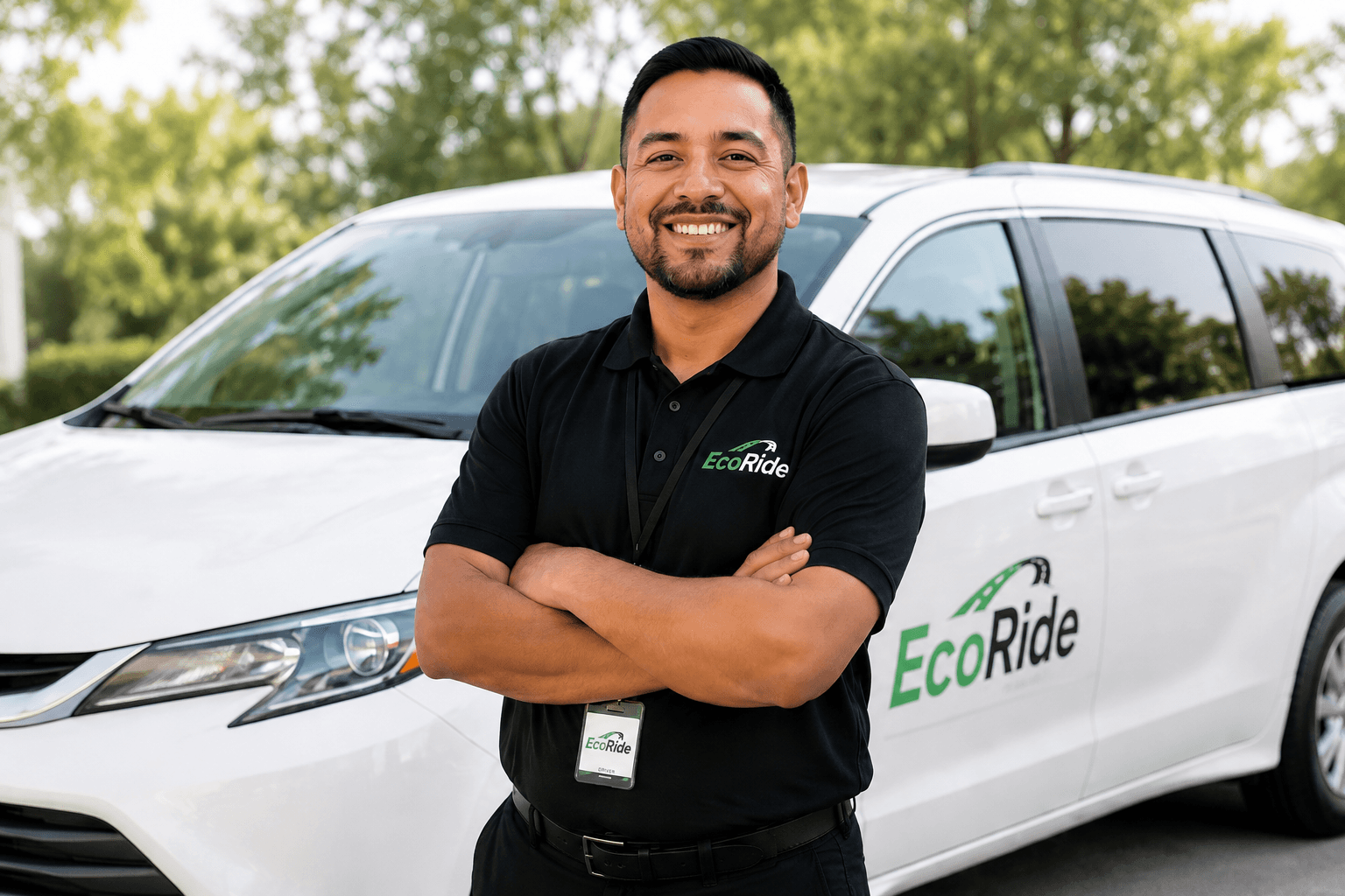 EcoRide driver in uniform standing by branded van